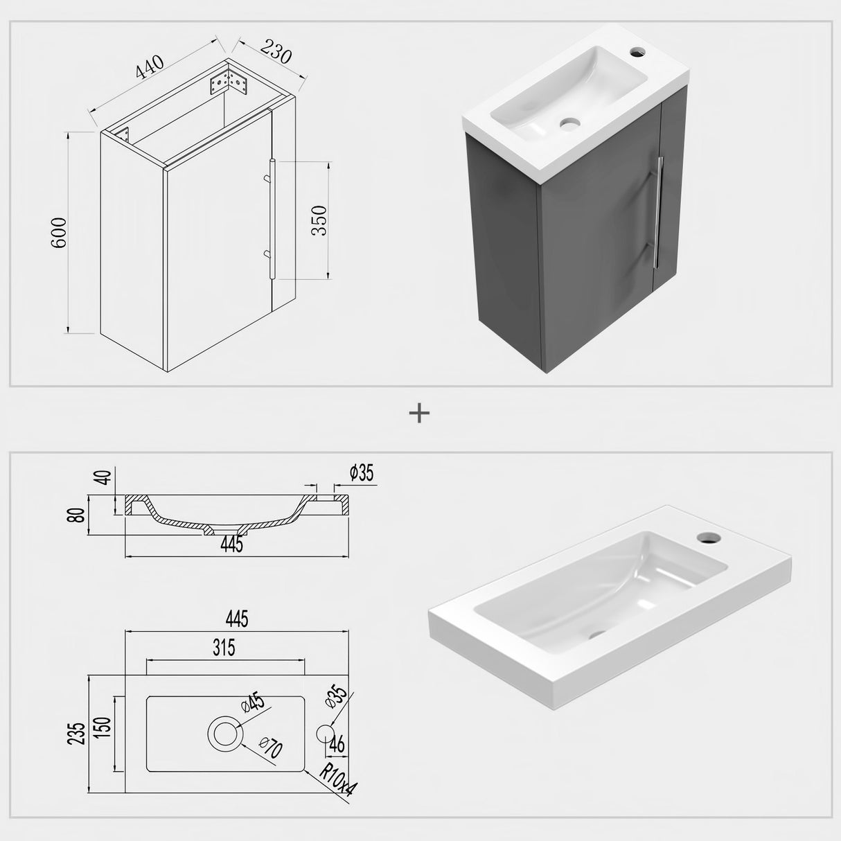 Modern Splash Wall-Mounted Mat Anthracite Free Standing Bathroom Vanity Unit With Integrated Sink 1 Door Soft-Close Door 440*230*600mm