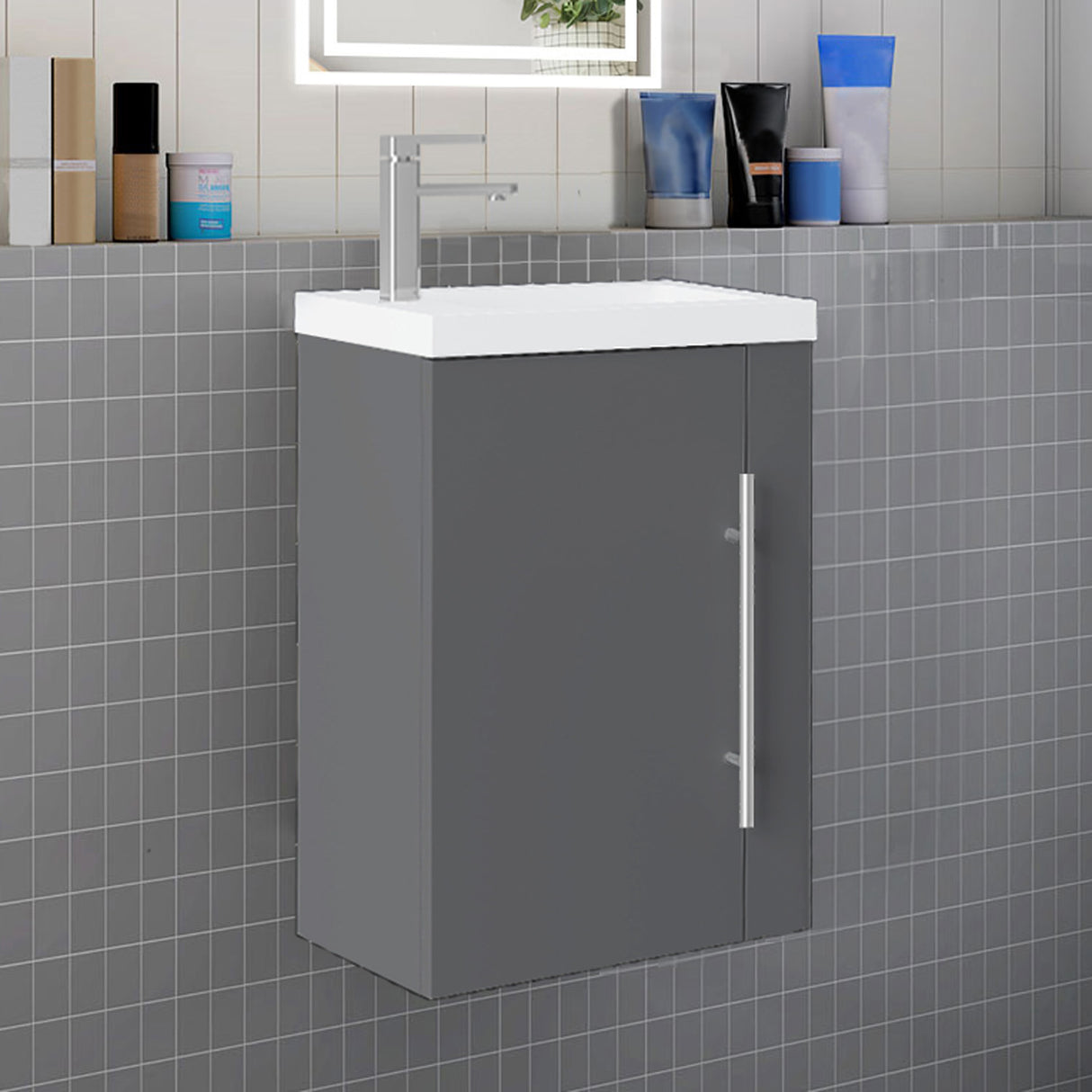 Modern Splash Wall-Mounted Mat Anthracite Free Standing Bathroom Vanity Unit With Integrated Sink 1 Door Soft-Close Door 440*230*600mm