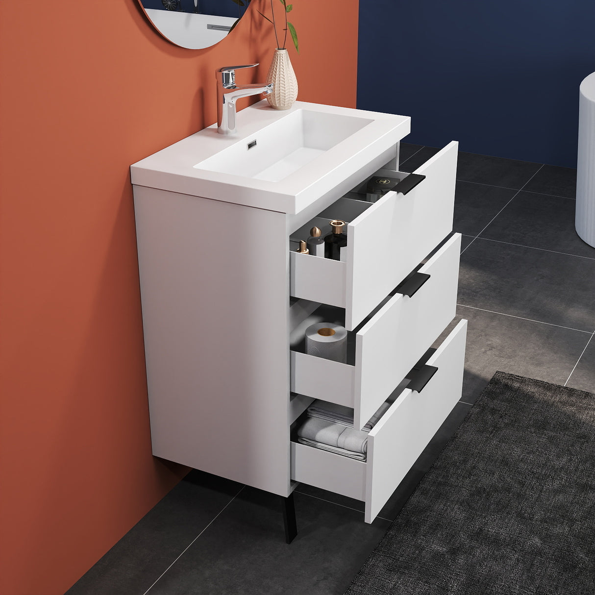 Modern Splash White Bathroom Vanity With Thick Ceramic Basin And 3 Soft Close Drawers 600*385*850mm