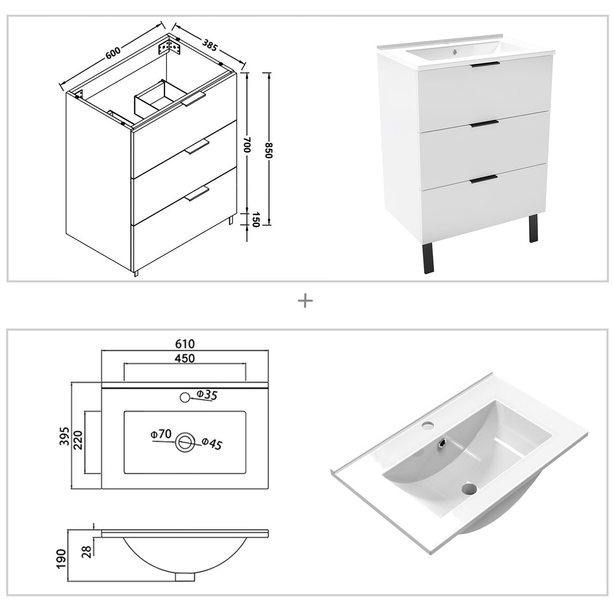 Modern Splash White Bathroom Vanity With Thin Ceramic Basin And 3 Soft Close Drawers 600*385*850mm