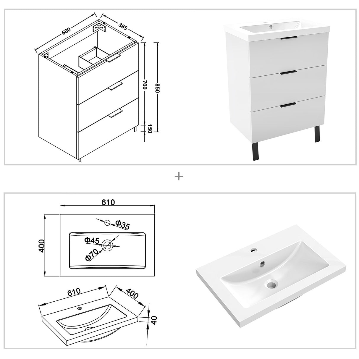 Modern Splash White Bathroom Vanity With Square Basin And 3 Soft Close Drawers 600*385*850mm