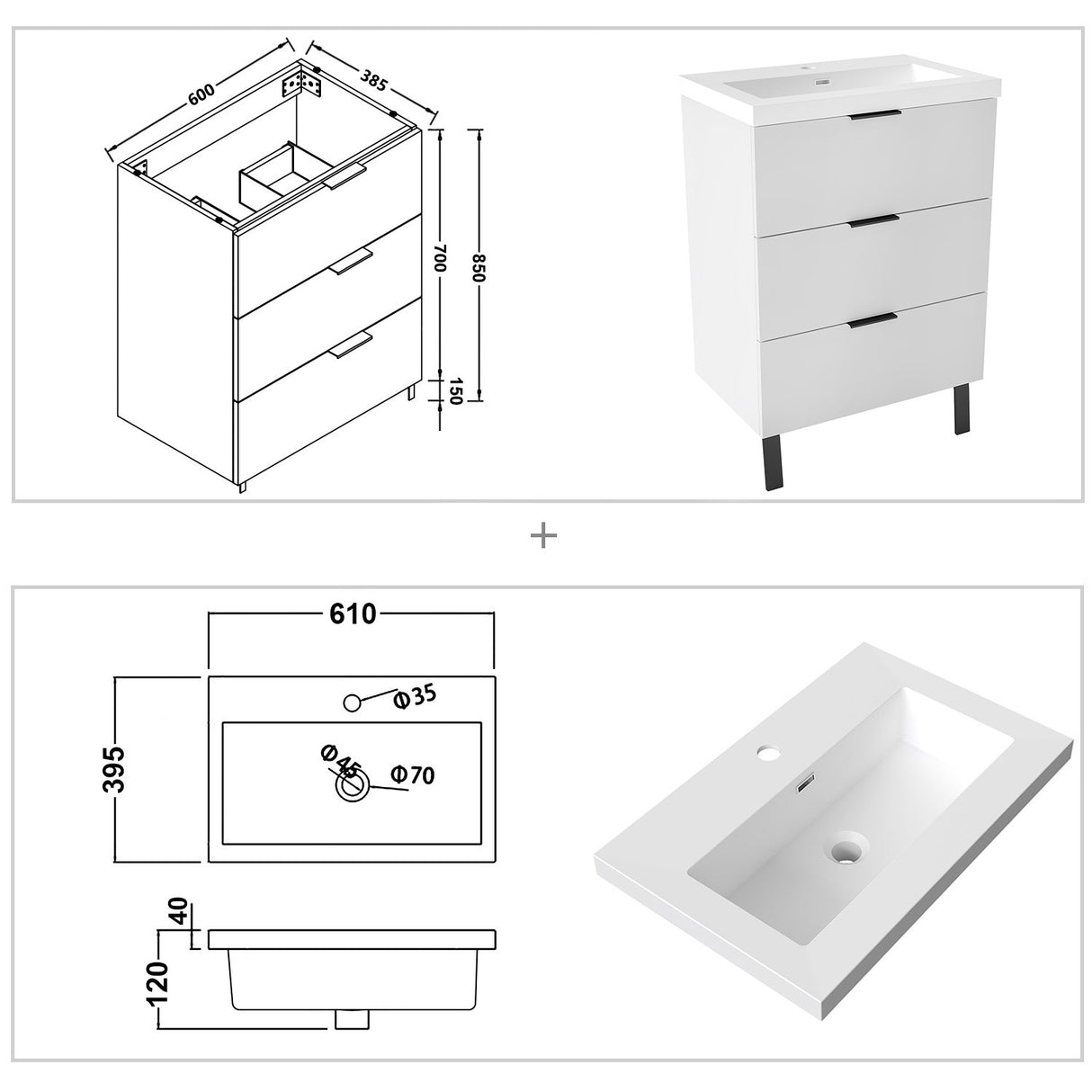 Modern Splash White Bathroom Vanity With Basin And 3 Soft Close Drawers 600*385*850mm