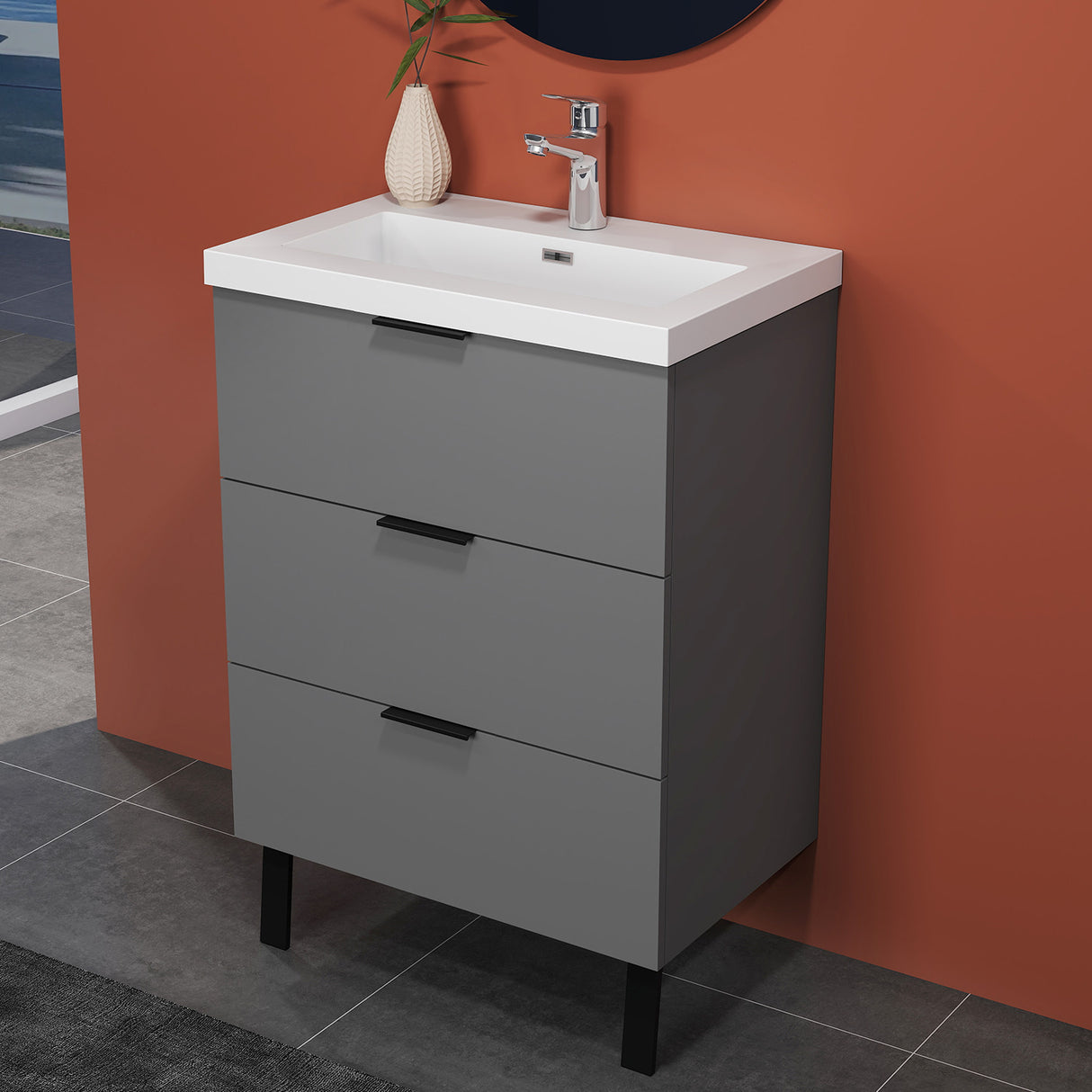 Modern Splash Anthracite Bathroom Vanity With Basin And 3 Soft Close Drawers 600*385*850mm