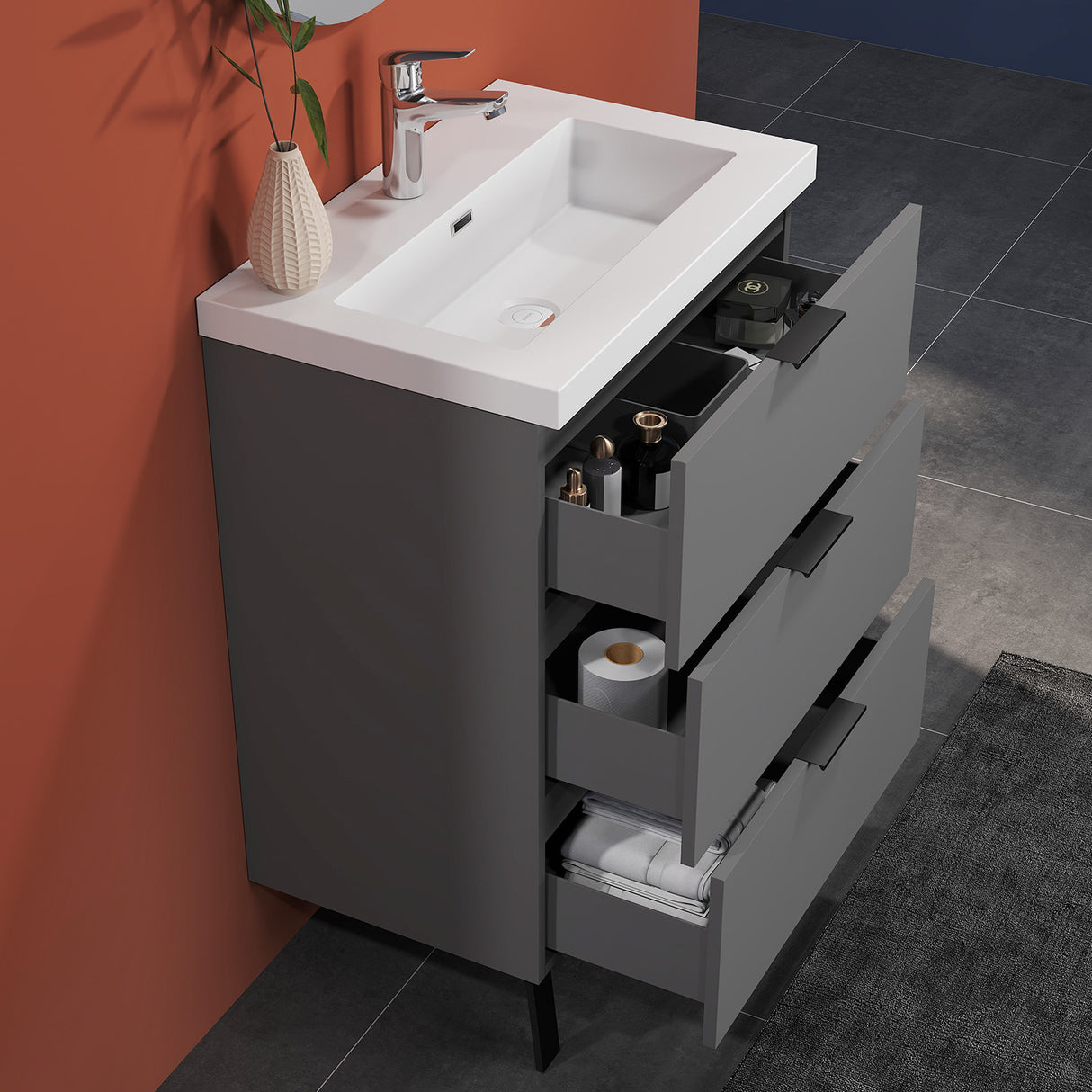 Modern Splash Anthracite Bathroom Vanity With Thick Ceramic Basin And 3 Soft Close Drawers 600*385*850mm