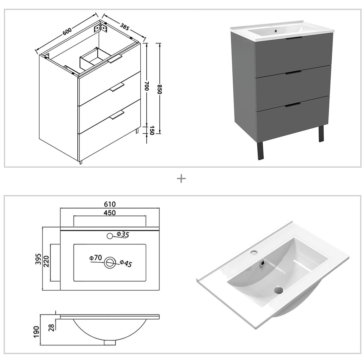 Modern Splash Anthracite Bathroom Vanity With Thin Ceramic Basin And 3 Soft Close Drawers 600*385*850mm