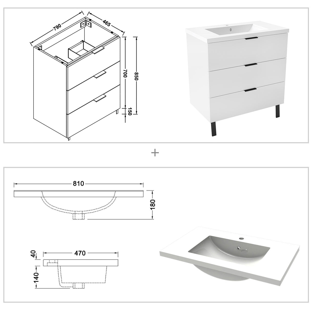 Modern Splash White Bathroom Vanity With Square Basin And 3 Soft Close Drawers 800*460*850mm