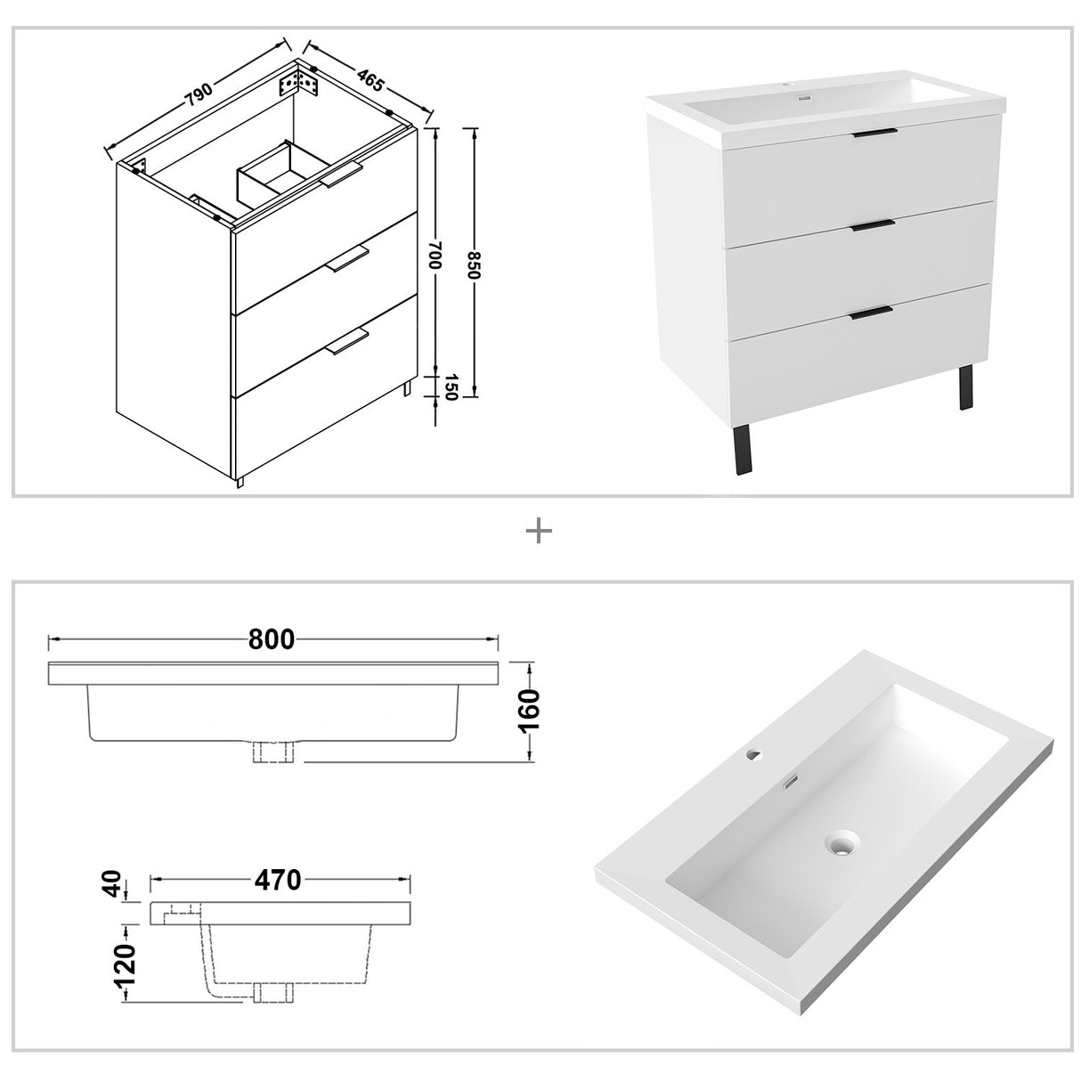 Modern Splash White Bathroom Vanity With Basin3 Soft Close Drawers 800*460*850mm