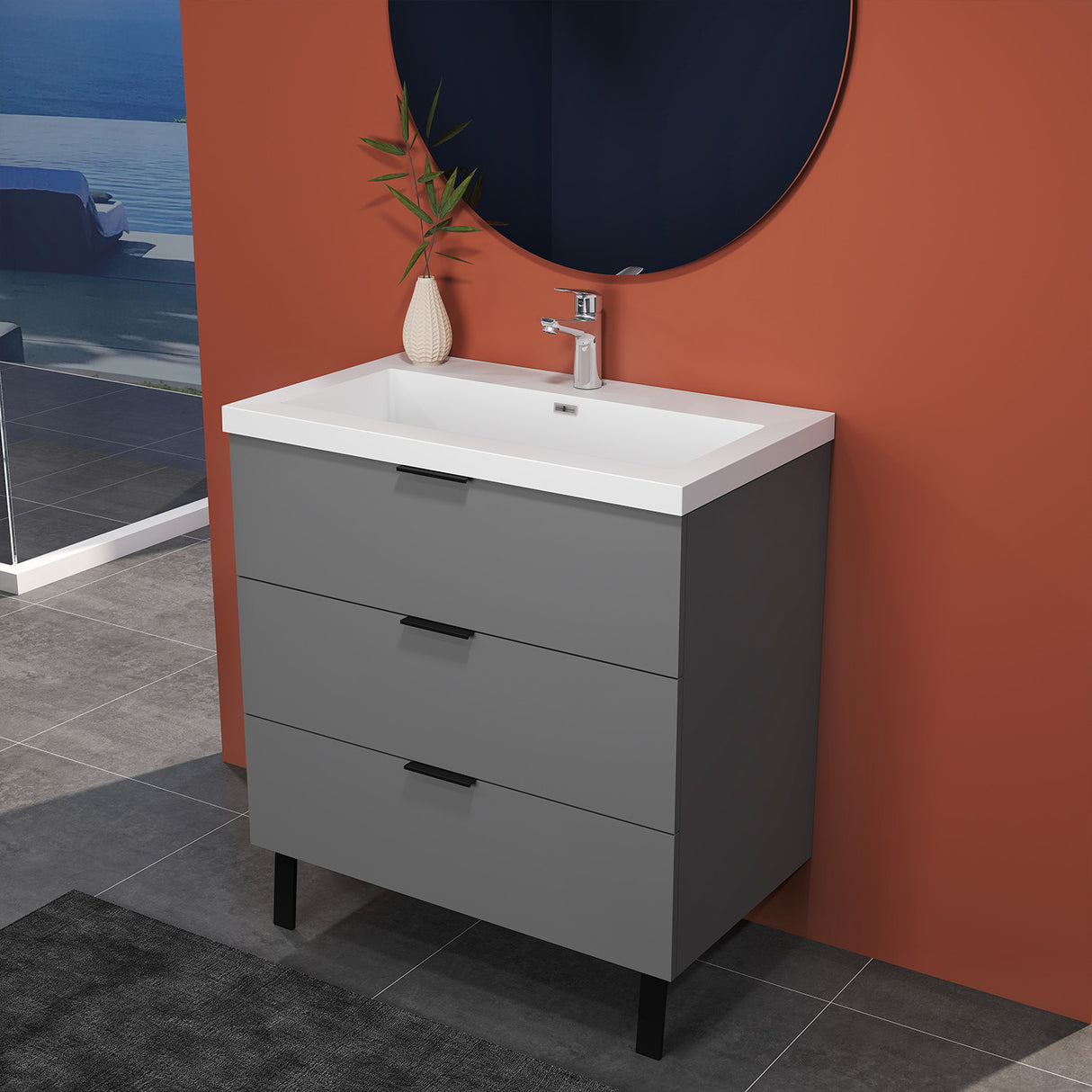 Modern Splash Anthracite Bathroom Vanity With Square Basin And 3 Soft Close Drawers 800*460*850mm