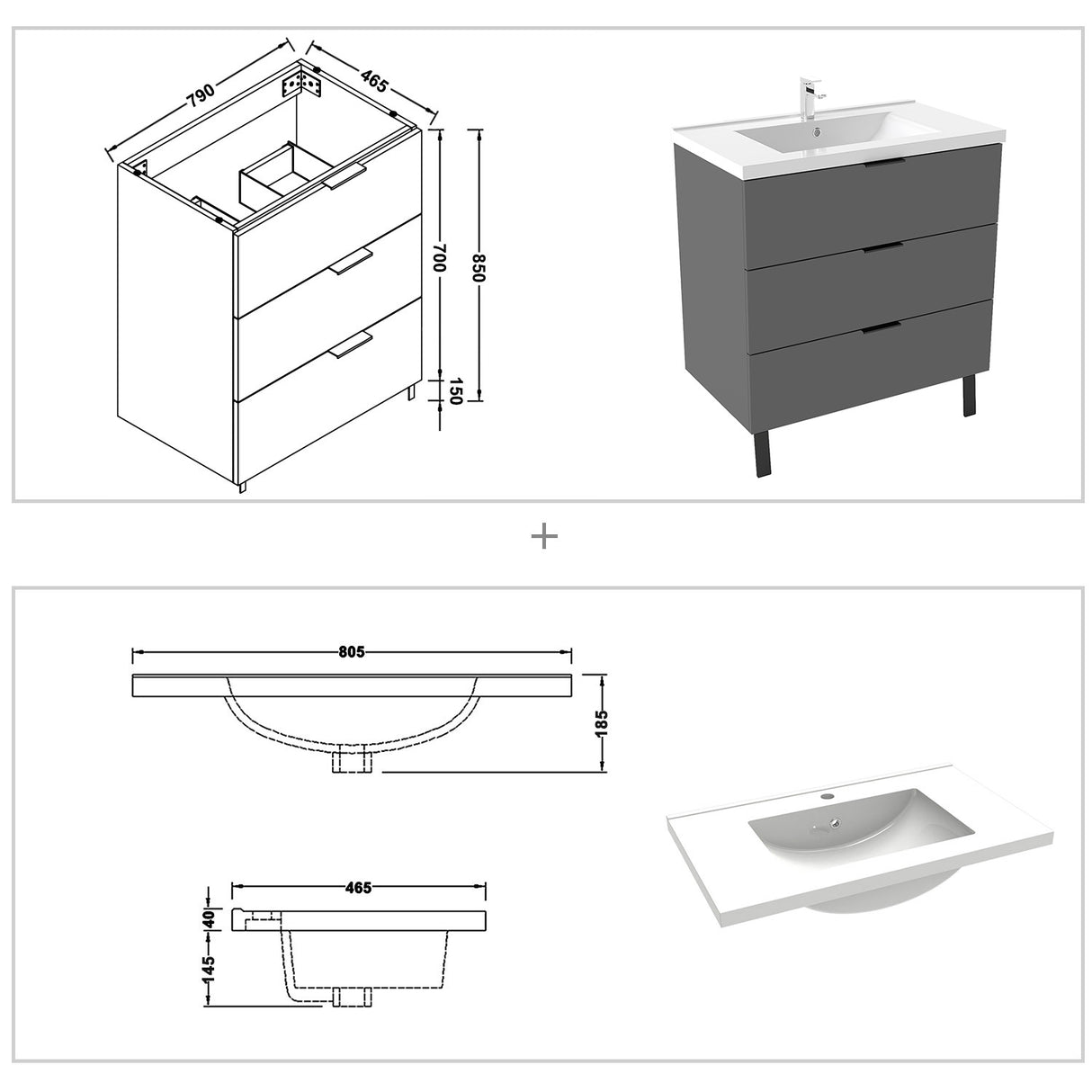 Modern Splash Anthracite Bathroom Vanity With Thick Ceramic Basin And 3 Soft Close Drawers 800*460*850mm