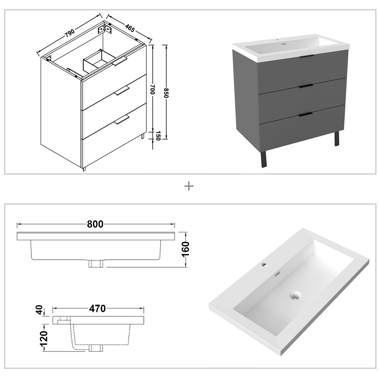 Modern Splash Anthracite Bathroom Vanity With Basin3 Soft Close Drawers 800*460*850mm