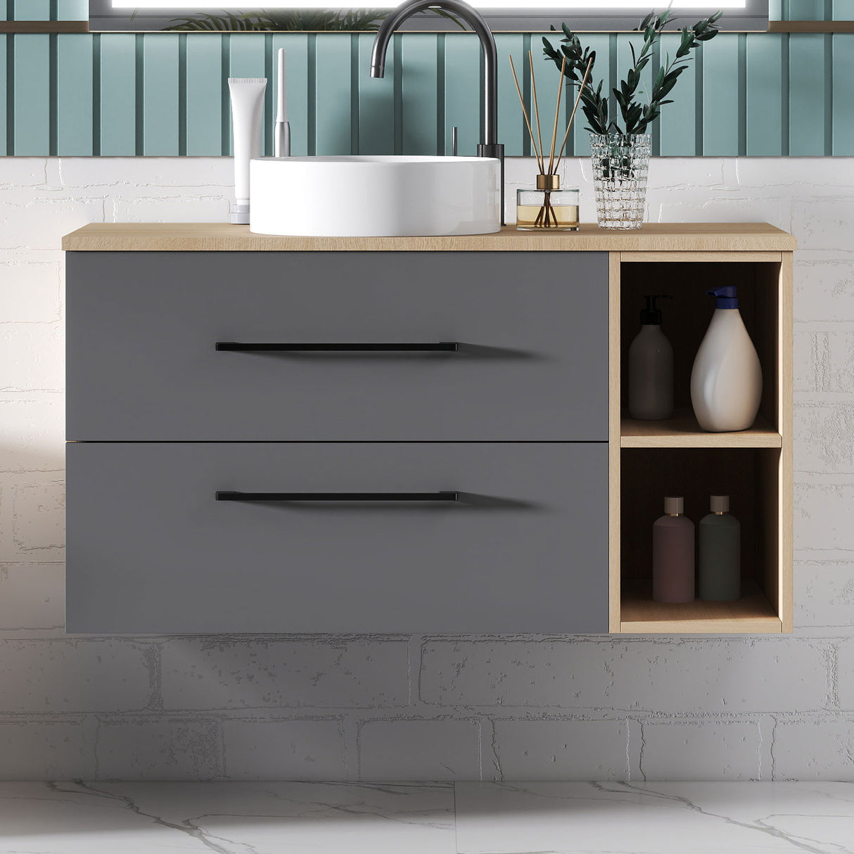 Modern Splash Wall-Mounted Bathroom Vanity Unit With 2 Soft Close Drawers Ceramic Basin Oak Anthracite 990*460*520mm 350A