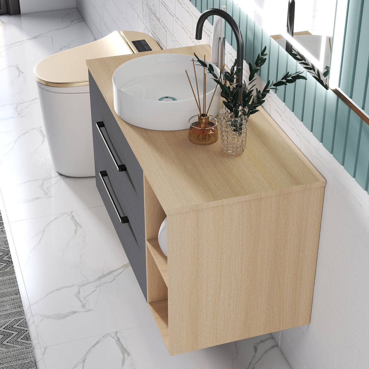 Modern Splash Wall-Mounted Bathroom Vanity Unit With 2 Soft Close Drawers Ceramic Basin Oak Anthracite 990*460*520mm 350A