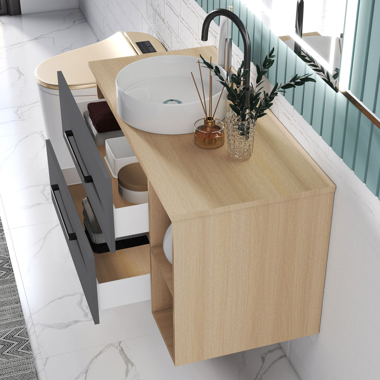 Modern Splash Wall-Mounted Bathroom Vanity Unit With 2 Soft Close Drawers Ceramic Basin Oak Anthracite 990*460*520mm 350A