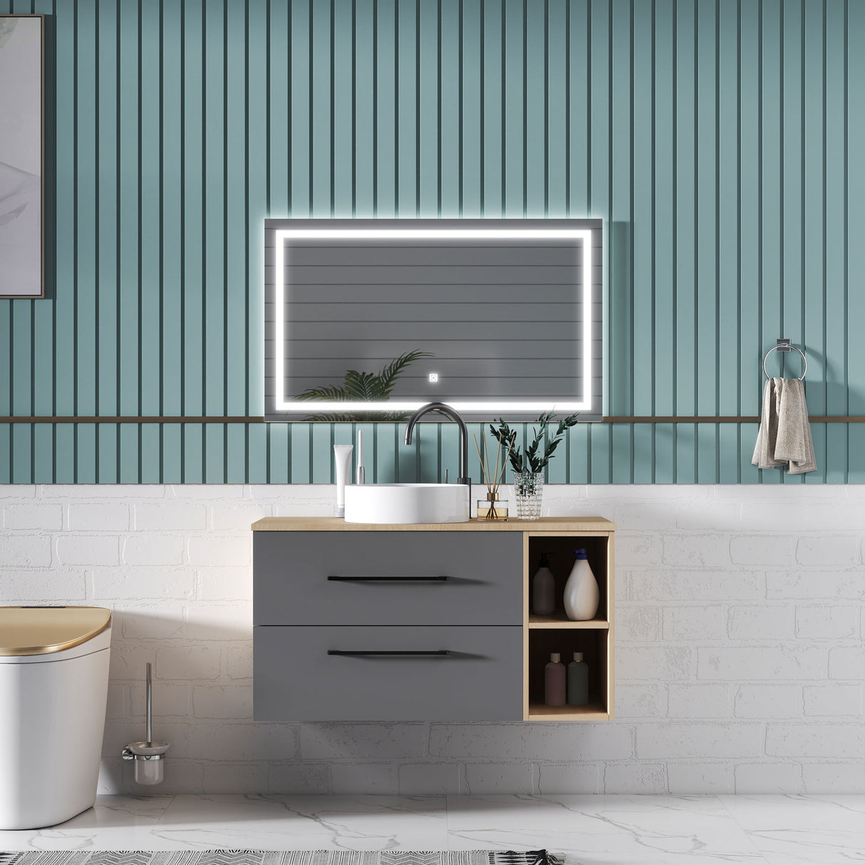Modern Splash Wall-Mounted Bathroom Vanity Unit With 2 Soft Close Drawers Ceramic Basin Oak Anthracite 990*460*520mm 350A