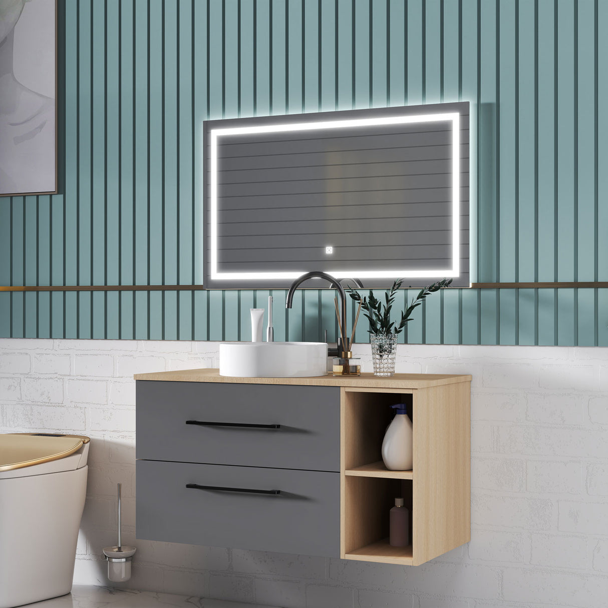 Modern Splash Wall-Mounted Bathroom Vanity Unit With 2 Soft Close Drawers Ceramic Basin Oak Anthracite 990*460*520mm 350A
