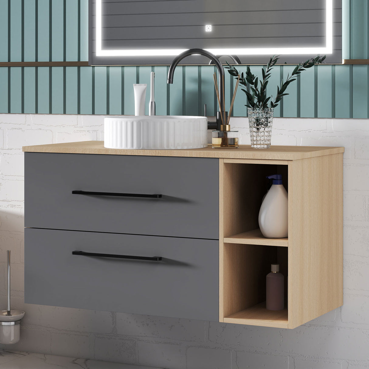 Modern Splash Wall-Mounted Bathroom Vanity Unit With 2 Soft Close Drawers Ceramic Basin Oak Anthracite 990*460*520mm 360A