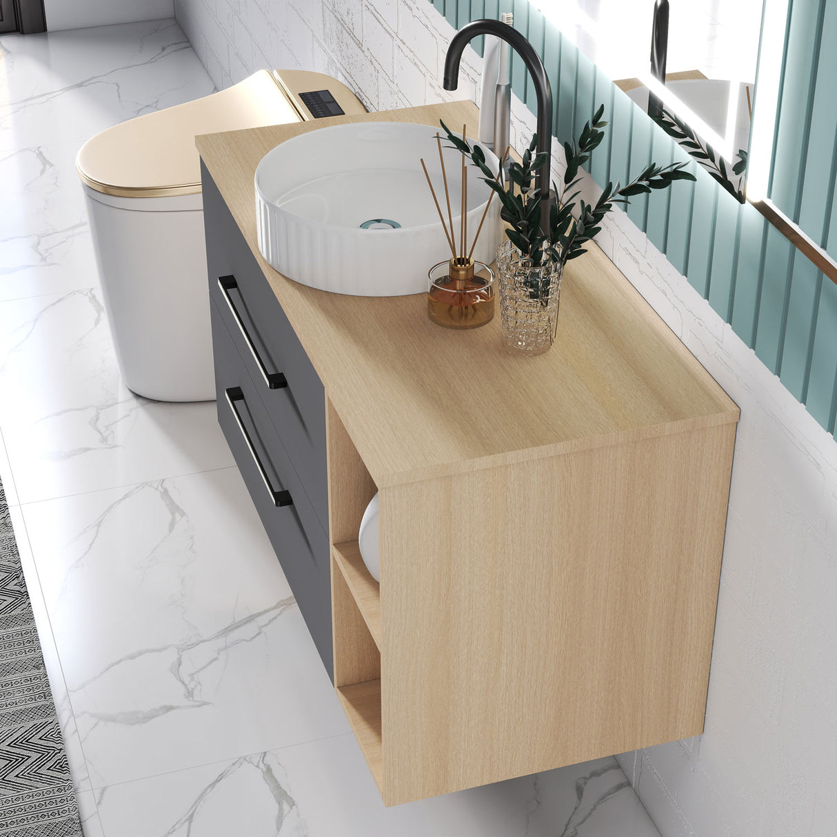 Modern Splash Wall-Mounted Bathroom Vanity Unit With 2 Soft Close Drawers Ceramic Basin Oak Anthracite 990*460*520mm 360A