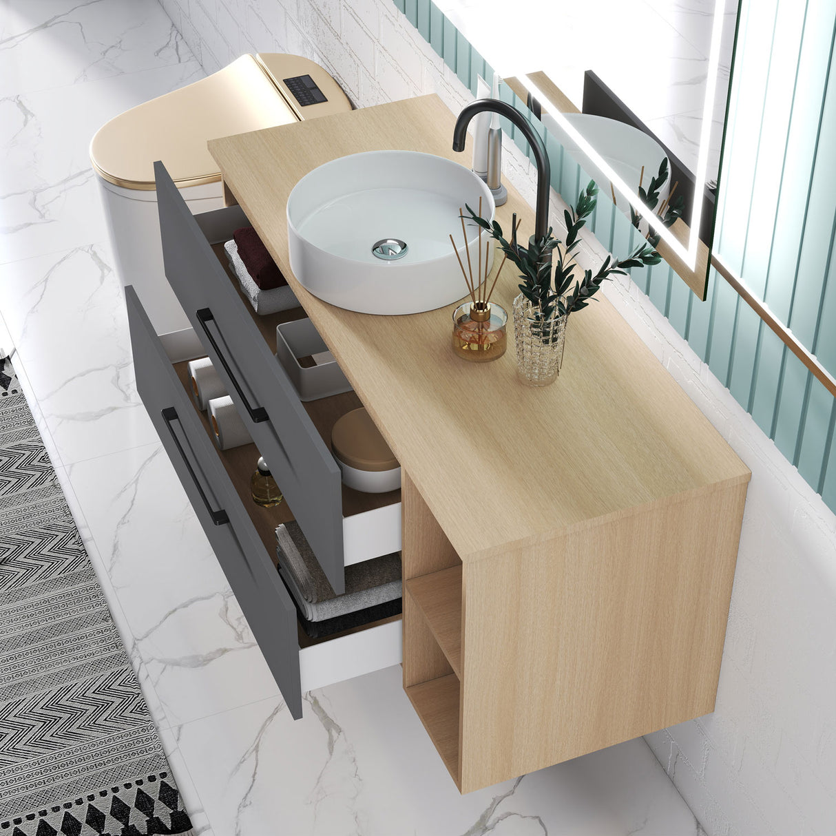 Modern Splash Wall-Mounted Bathroom Vanity Unit With 2 Soft Close Drawers Ceramic Basin Oak Anthracite 1200*460*520mm 350A