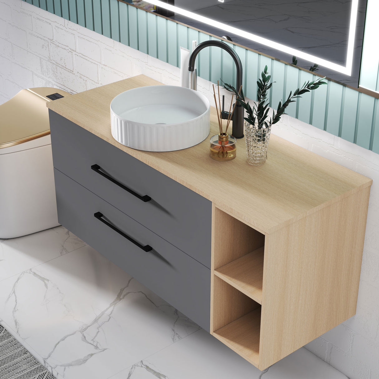 Modern Splash Wall-Mounted Bathroom Vanity Unit With 2 Soft Close Drawers Ceramic Basin Oak Anthracite 1200*460*520mm 360A