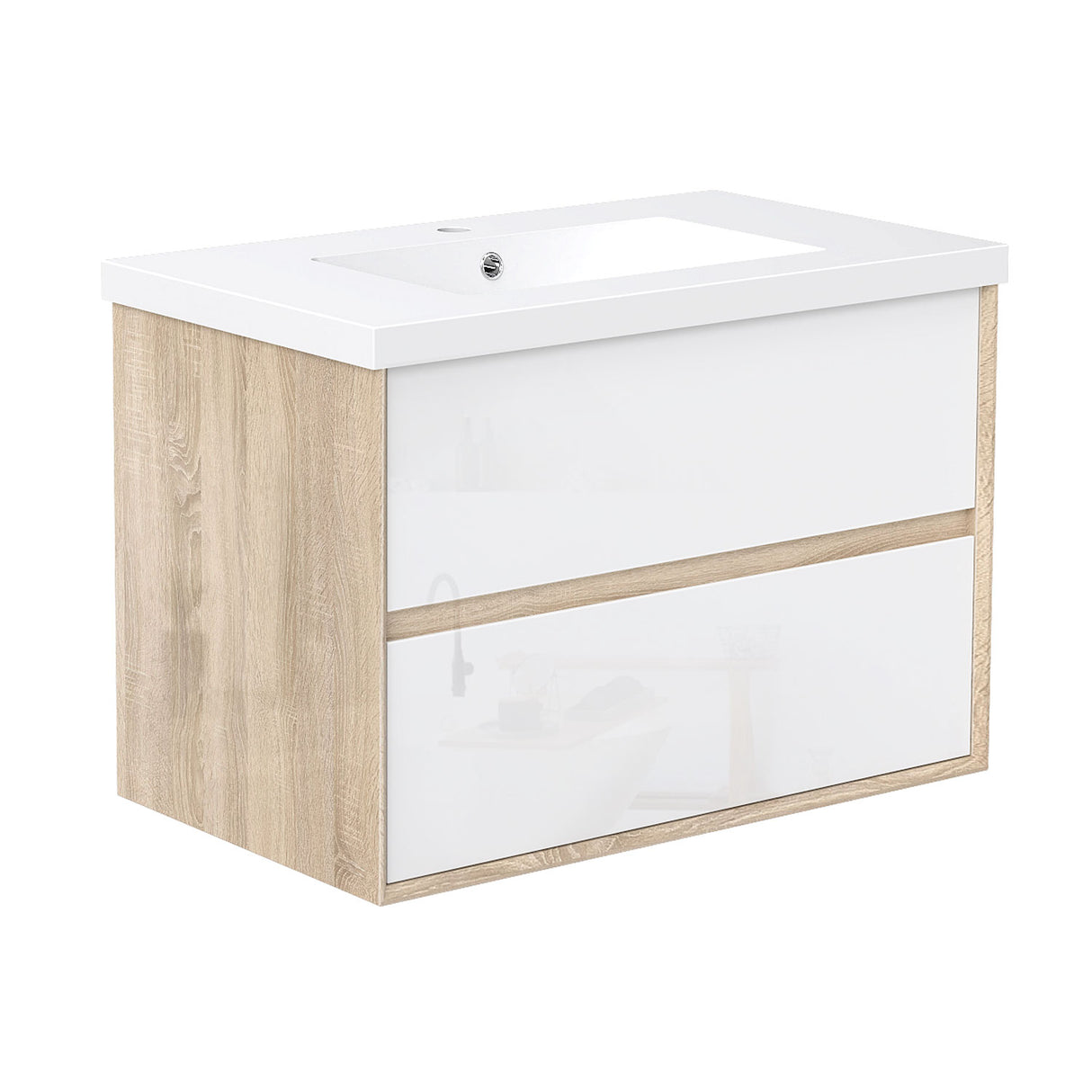 Modern Splash Wall Mounted Bathroom Vanity Unit With Artificial Stone Square Basin And 2 Soft Close Drawers Gloss WhiteOak 790*460*520mm