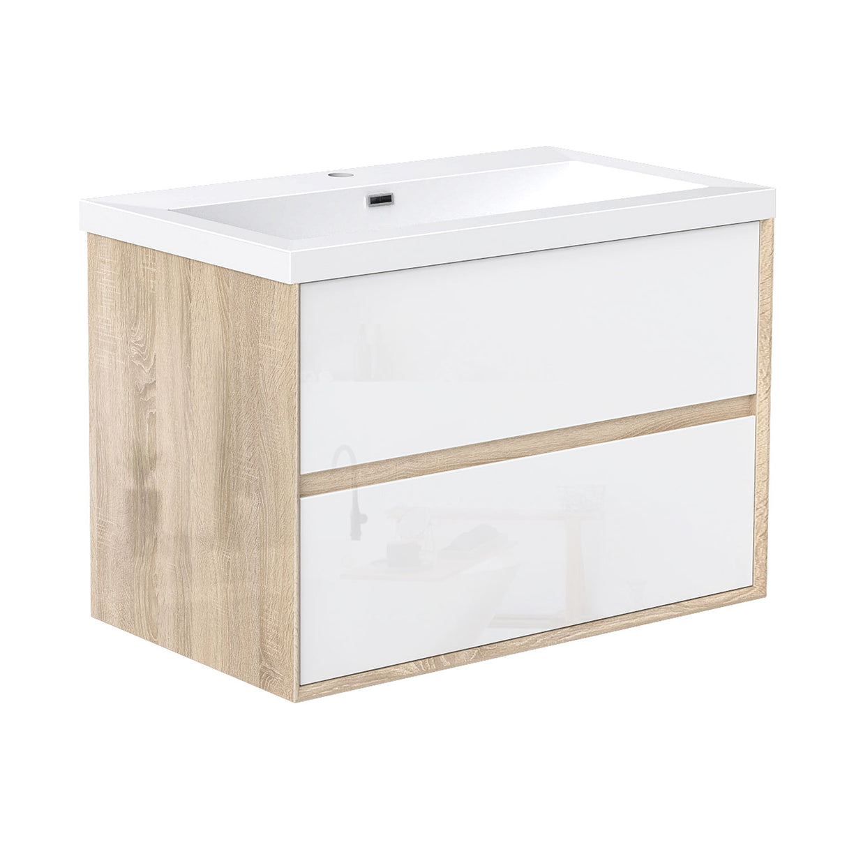 Modern Splash Wall Mounted Bathroom Vanity Unit With Artificial Stone Basin And 2 Soft Close Drawers Gloss WhiteOak 790*460*520mm