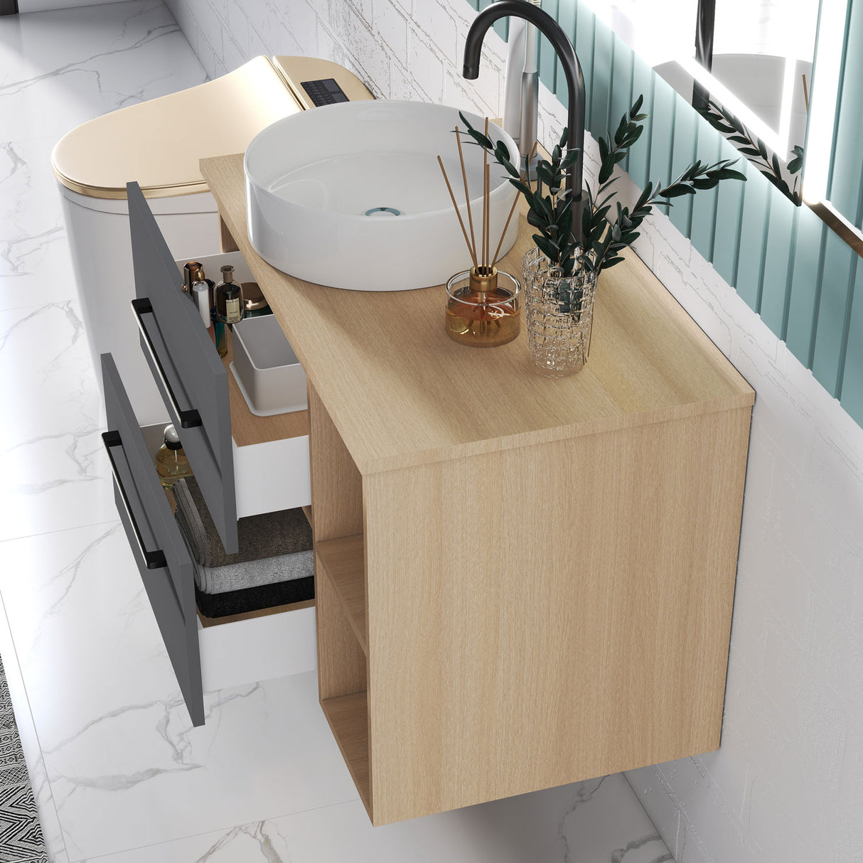 Modern Splash Wall-Mounted Bathroom Vanity Unit With 2 Soft Close Drawers Ceramic Basin Oak Anthracite 790*460*520mm 350A