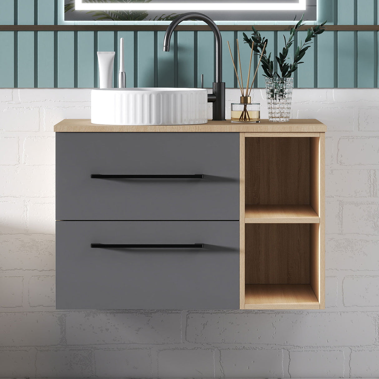 Modern Splash Wall-Mounted Bathroom Vanity Unit With 2 Soft Close Drawers Ceramic Basin Oak Anthracite 790*460*520mm 360A