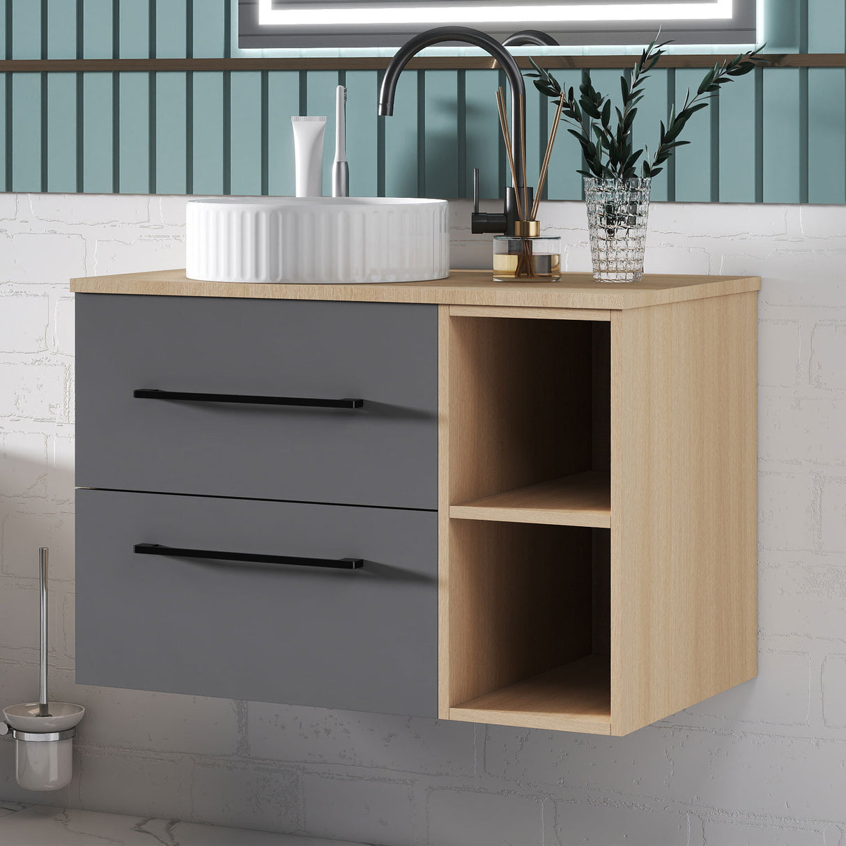 Modern Splash Wall-Mounted Bathroom Vanity Unit With 2 Soft Close Drawers Ceramic Basin Oak Anthracite 790*460*520mm 360A
