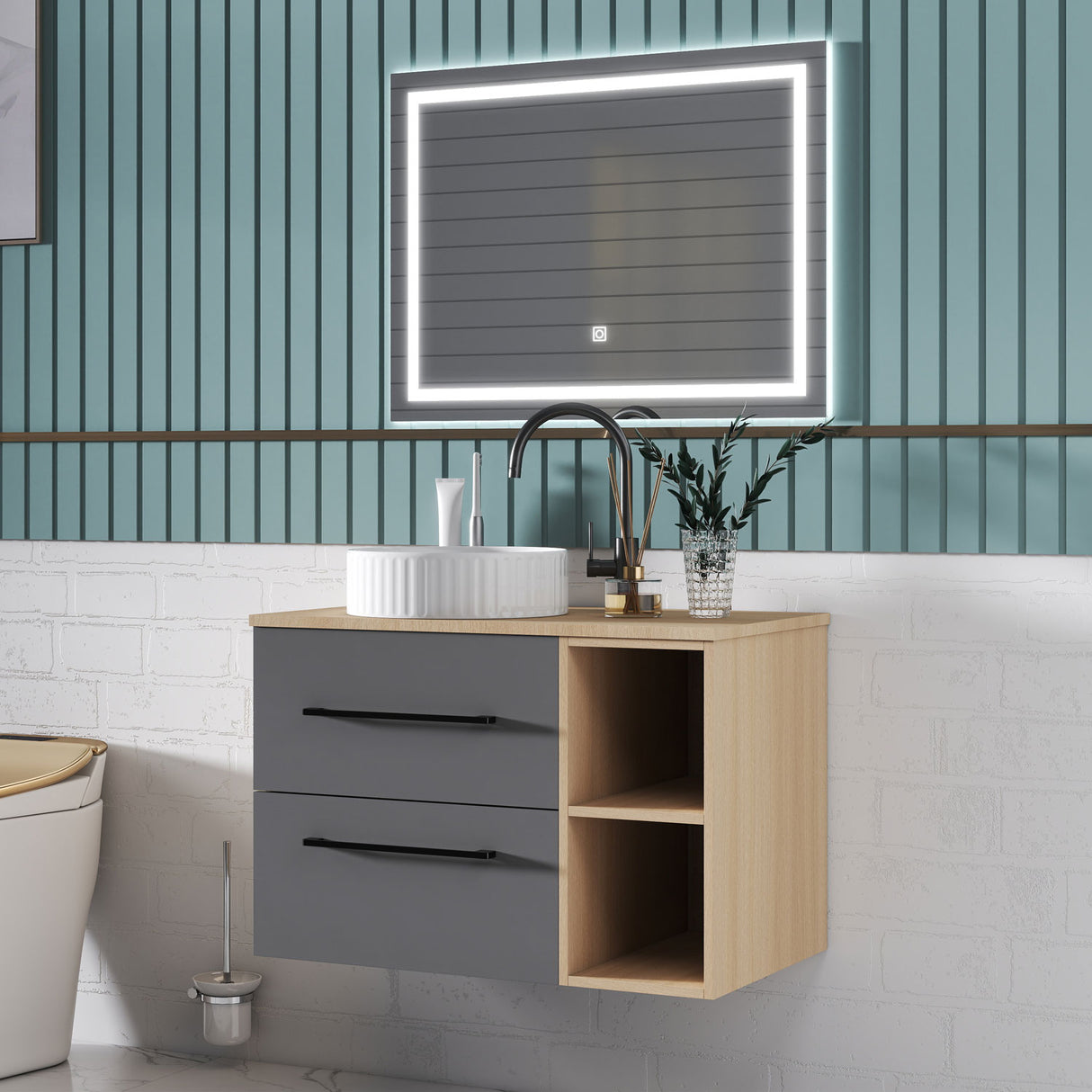 Modern Splash Wall-Mounted Bathroom Vanity Unit With 2 Soft Close Drawers Ceramic Basin Oak Anthracite 790*460*520mm 360A