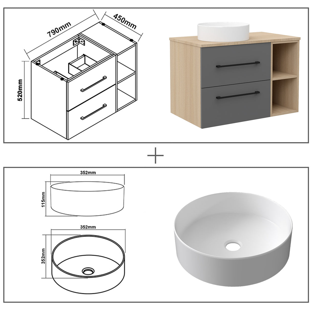 Modern Splash Wall-Mounted Bathroom Vanity Unit With 2 Soft Close Drawers Ceramic Basin Oak Anthracite 790*460*520mm 350A