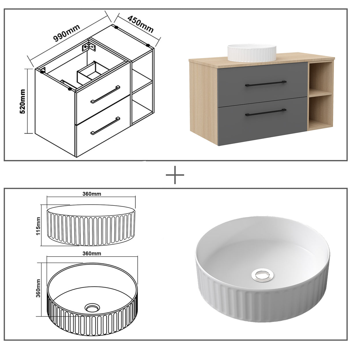 Modern Splash Wall-Mounted Bathroom Vanity Unit With 2 Soft Close Drawers Ceramic Basin Oak Anthracite 990*460*520mm 360A