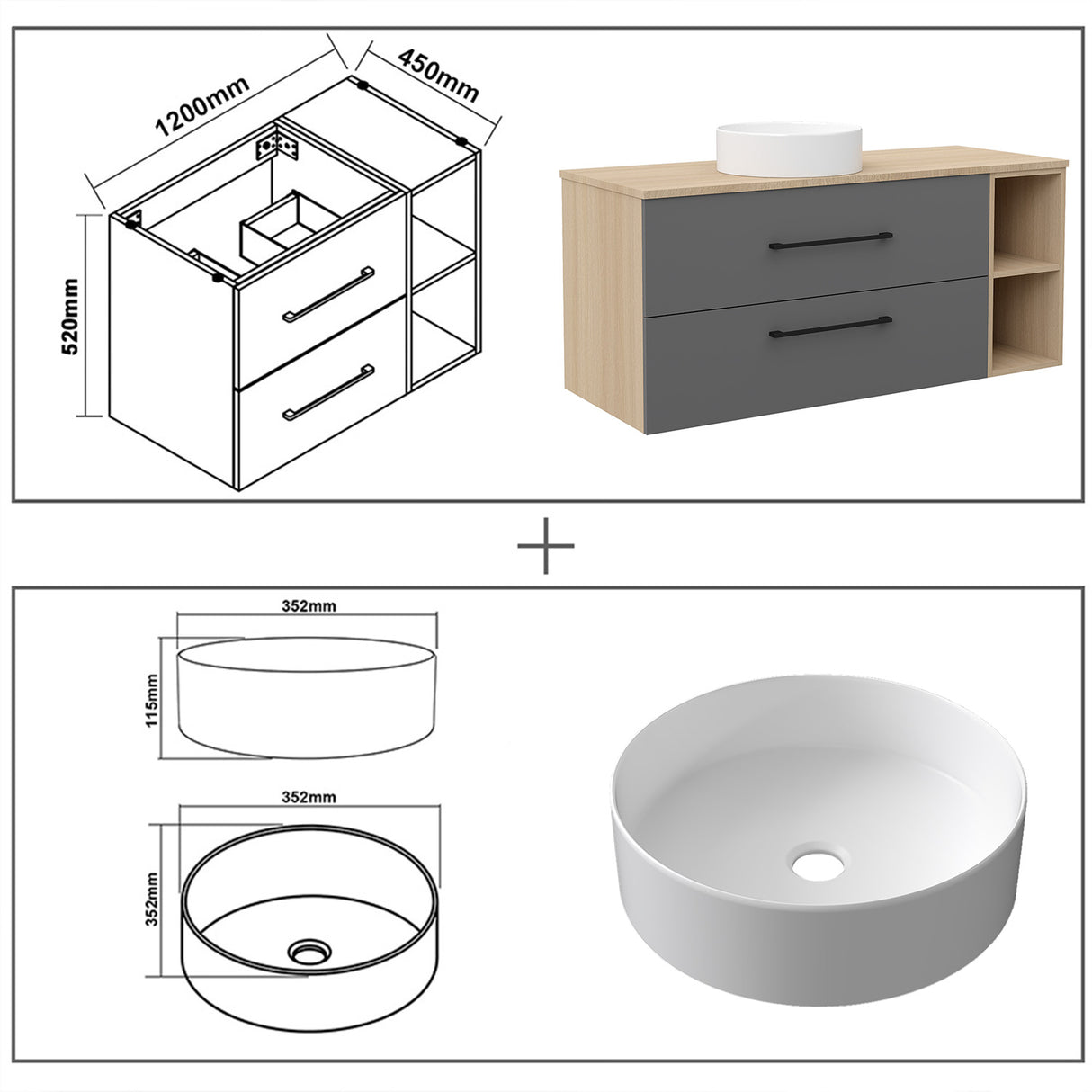 Modern Splash Wall-Mounted Bathroom Vanity Unit With 2 Soft Close Drawers Ceramic Basin Oak Anthracite 1200*460*520mm 350A