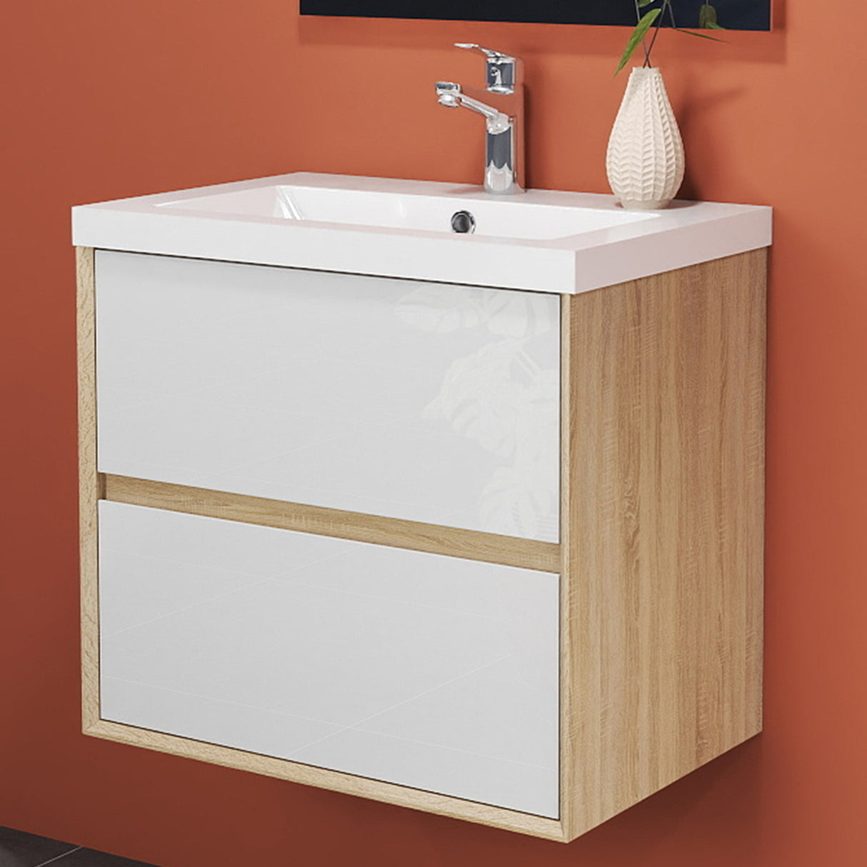 Modern Splash Wall Mounted Bathroom Vanity Unit With Artificial Stone Basin And 2 Soft Close Drawers Mat WhiteOak 600*400*520mm
