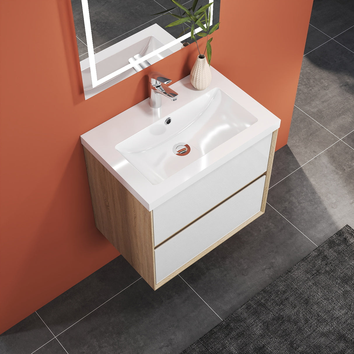 Modern Splash Wall Mounted Bathroom Vanity Unit With Artificial Stone Basin And 2 Soft Close Drawers Mat WhiteOak 600*400*520mm
