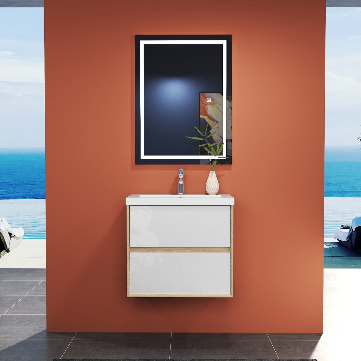 Modern Splash Wall Mounted Bathroom Vanity Unit With Artificial Stone Basin And 2 Soft Close Drawers Mat WhiteOak 600*400*520mm