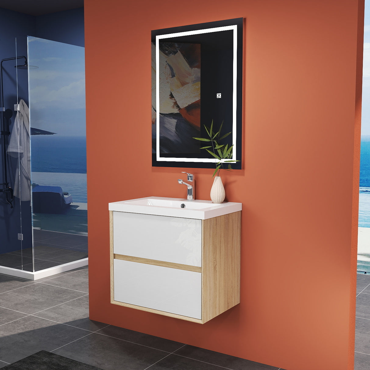 Modern Splash Wall Mounted Bathroom Vanity Unit With Artificial Stone Basin And 2 Soft Close Drawers Mat WhiteOak 600*400*520mm