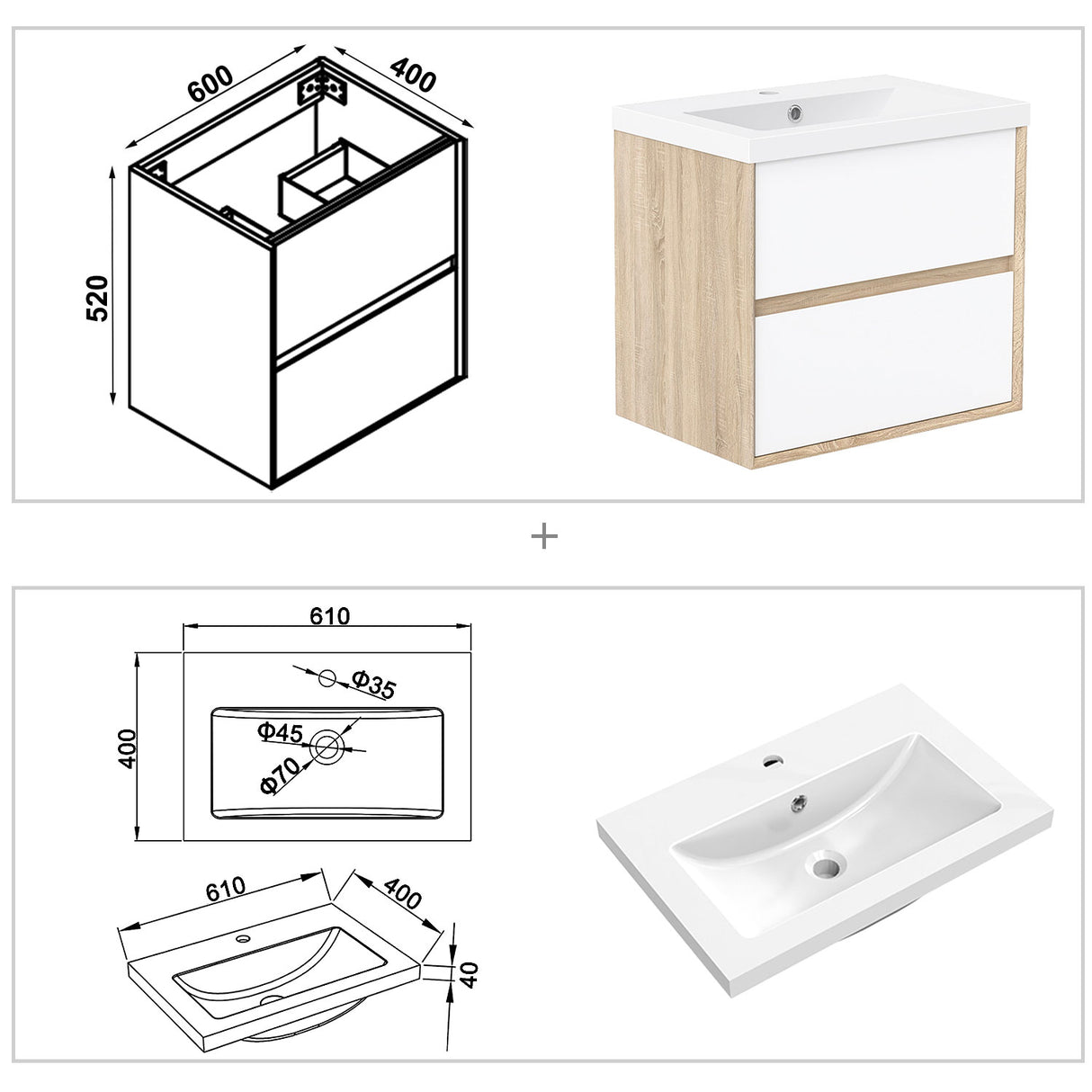 Modern Splash Wall Mounted Bathroom Vanity Unit With Artificial Stone Basin And 2 Soft Close Drawers Mat WhiteOak 600*400*520mm