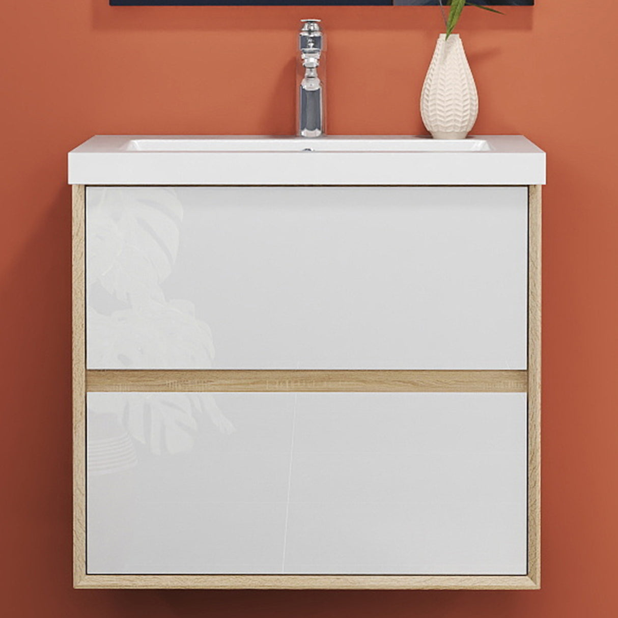 Modern Splash Wall Mounted Bathroom Vanity Unit With Artificial Stone Basin And 2 Soft Close Drawers Mat WhiteOak 600*400*520mm