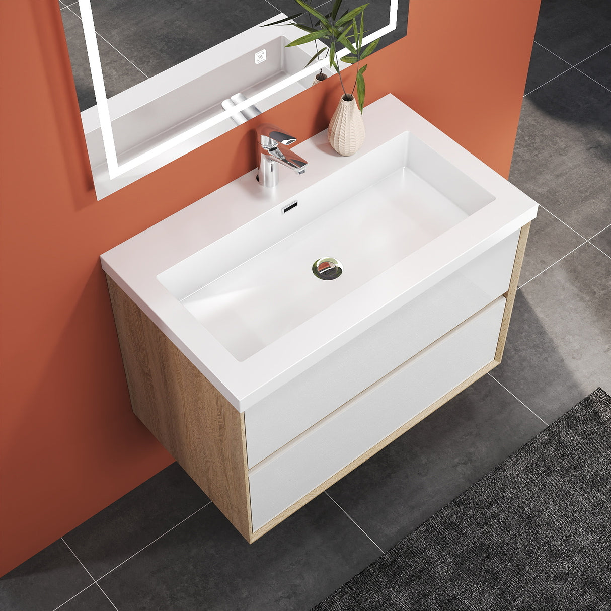 Modern Splash Wall Mounted Bathroom Vanity Unit With Artificial Stone Basin And 2 Soft Close Drawers Mat WhiteOak 790*460*520mm