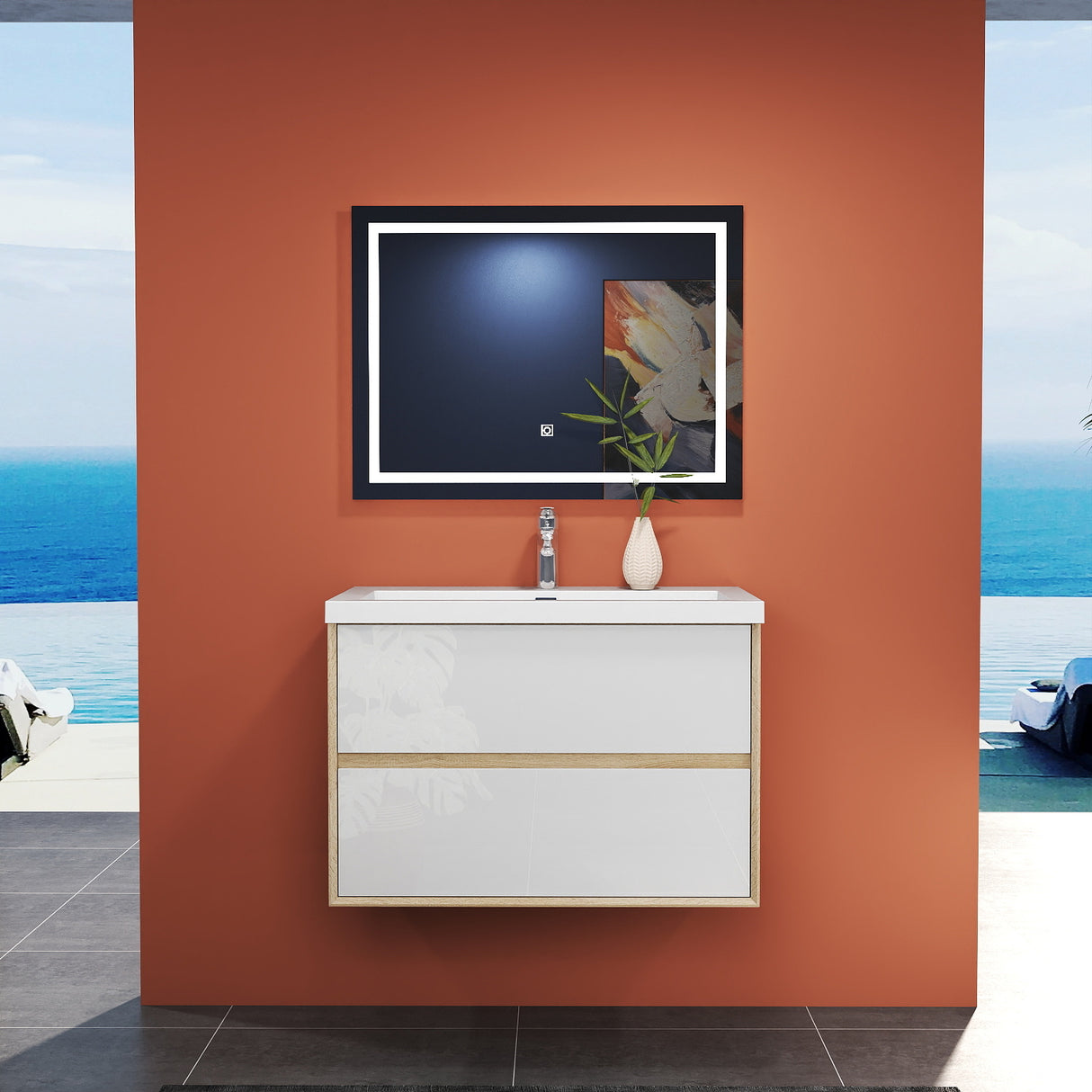 Modern Splash Wall Mounted Bathroom Vanity Unit With Artificial Stone Basin And 2 Soft Close Drawers Mat WhiteOak 790*460*520mm