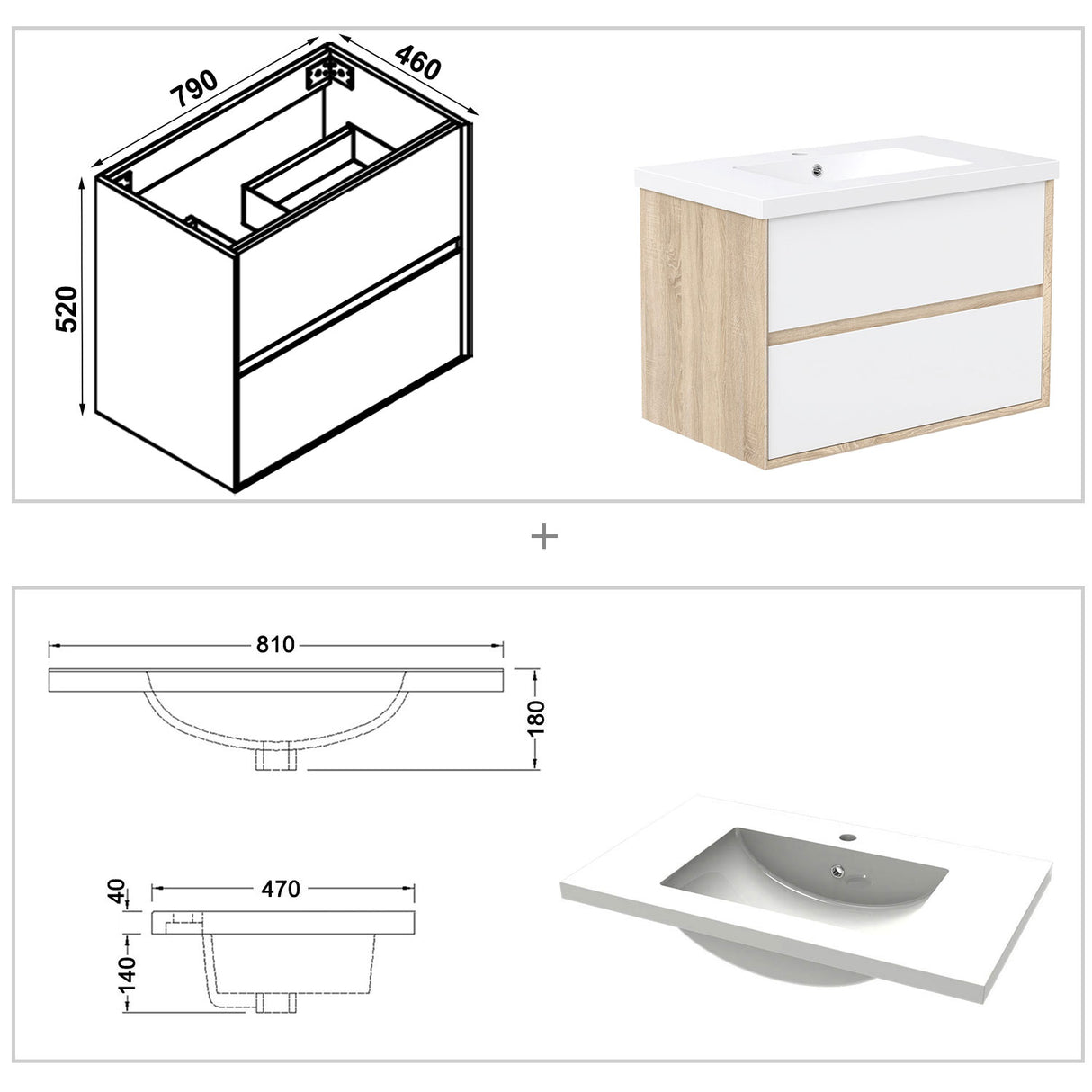 Modern Splash Wall Mounted Bathroom Vanity Unit With Artificial Stone Square Basin And 2 Soft Close Drawers Gloss WhiteOak 790*460*520mm