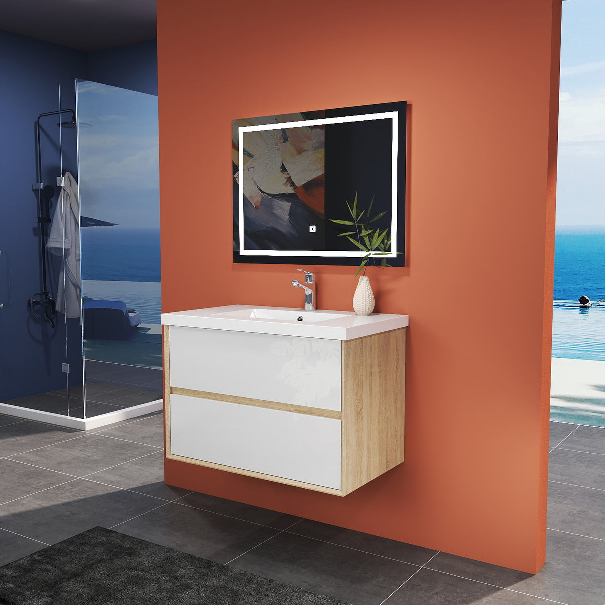 Modern Splash Wall Mounted Bathroom Vanity Unit With Artificial Stone Square Basin And 2 Soft Close Drawers Mat WhiteOak 790*460*520mm