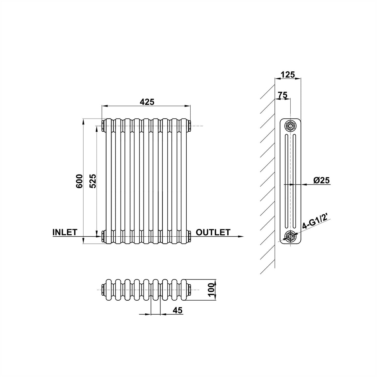 Modern Splash Cast Iron Black Radiator Horizontal 600x425mm Triple Columns