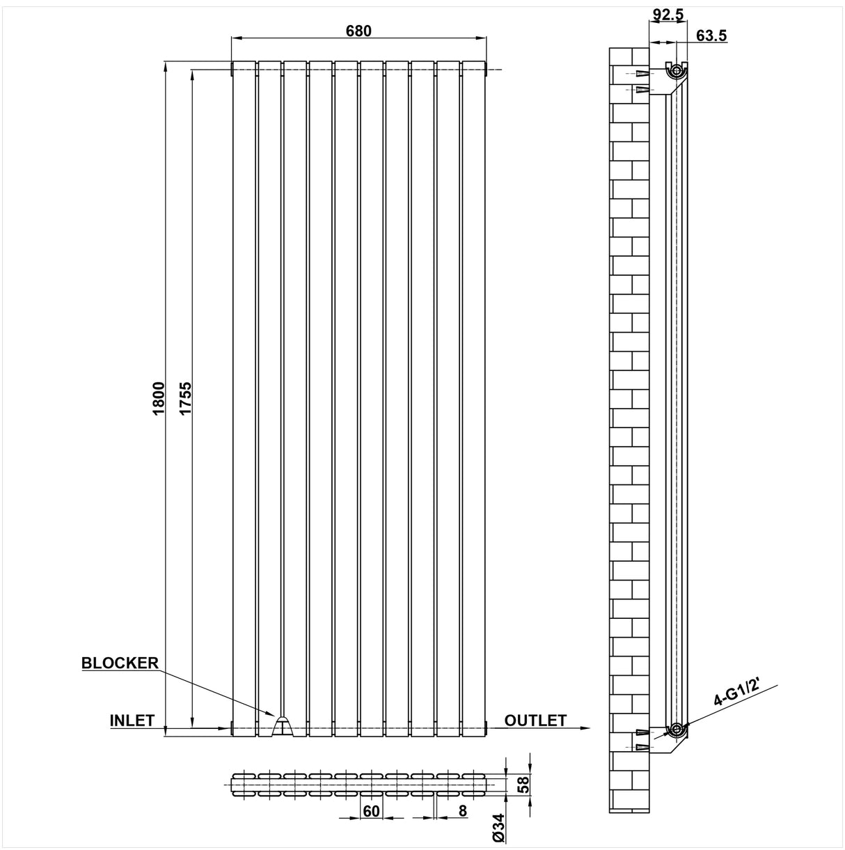 Modern Splash Flat Panel Radiator Size FP18-10-2
