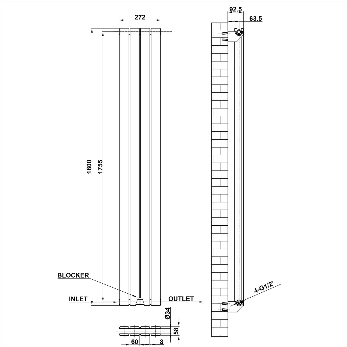 Modern Splash Flat Panel Radiator Size FP18-4-2