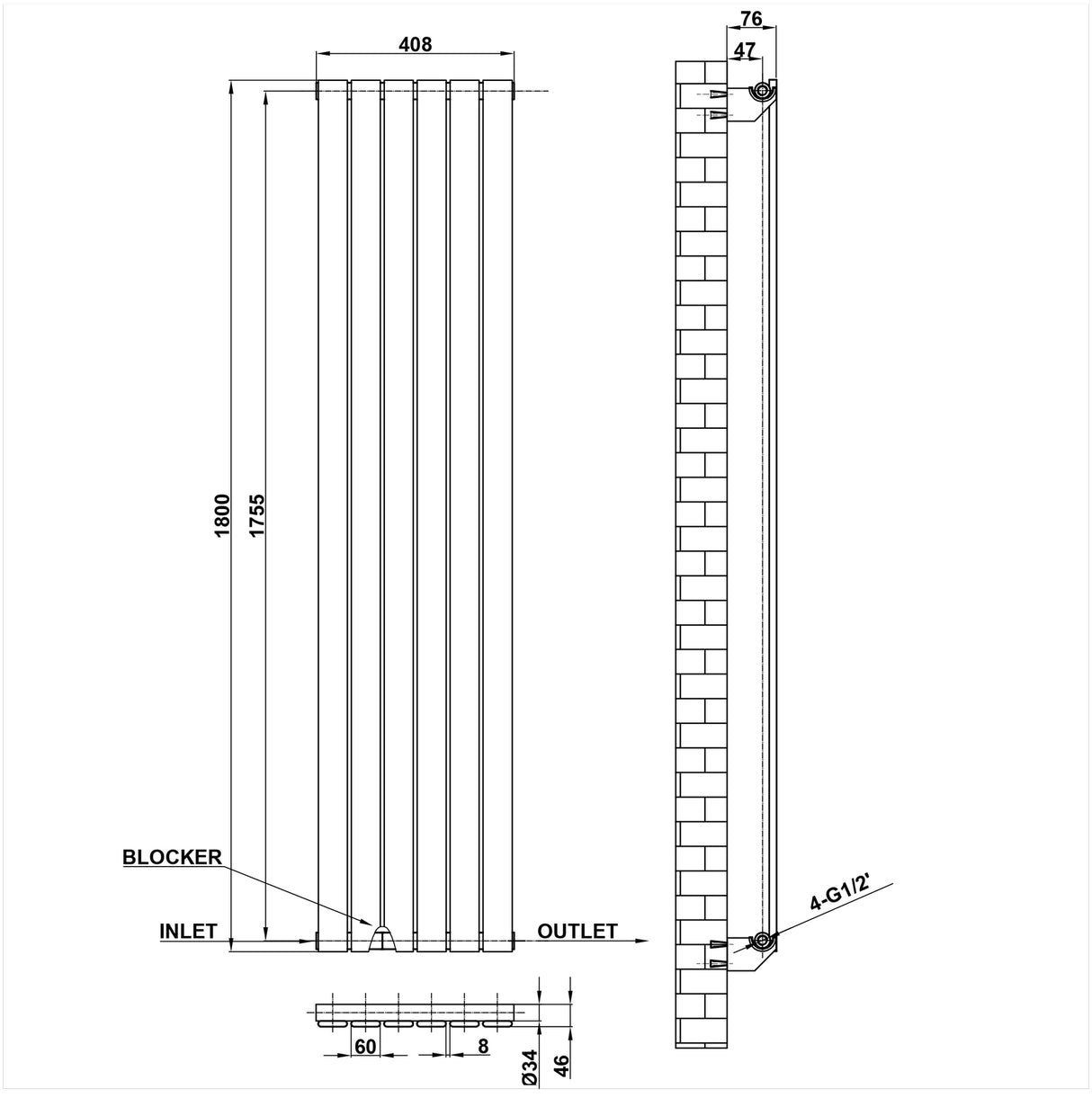 Modern Splash Flat Panel Radiator Size FP18-6-1