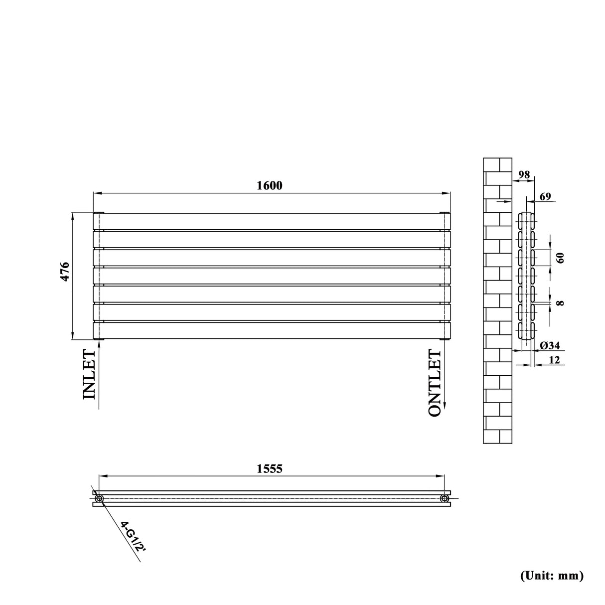 Modern Splash White Horizontal Flat Panel Radiator 476x1600mm Double