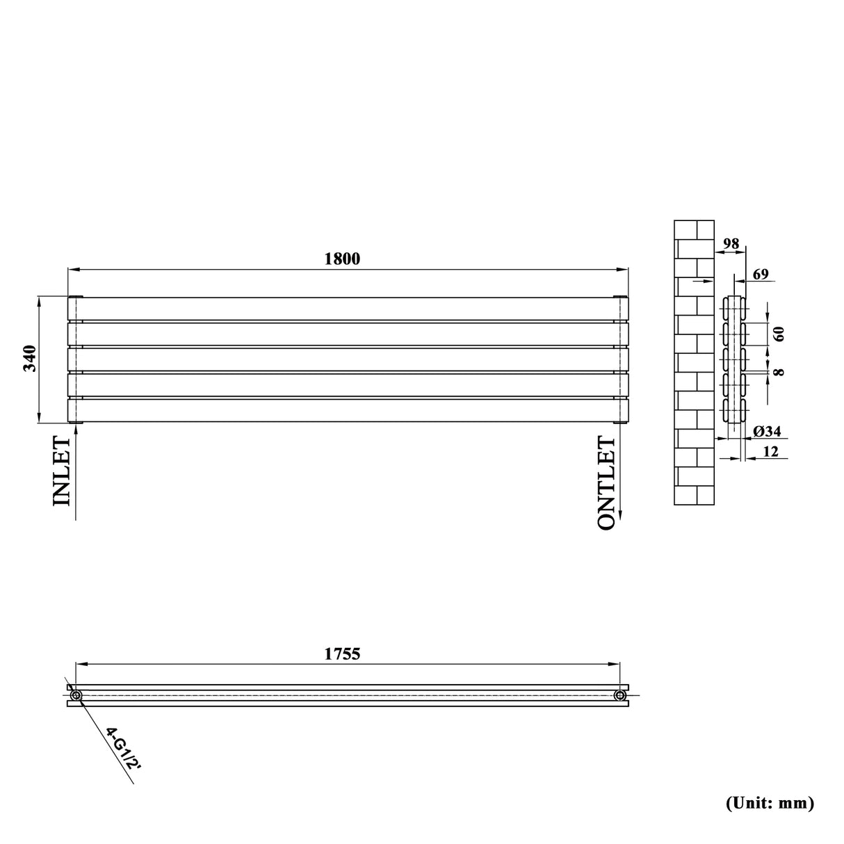 Modern Splash White Horizontal Flat Panel Radiator 340x1800mm Double