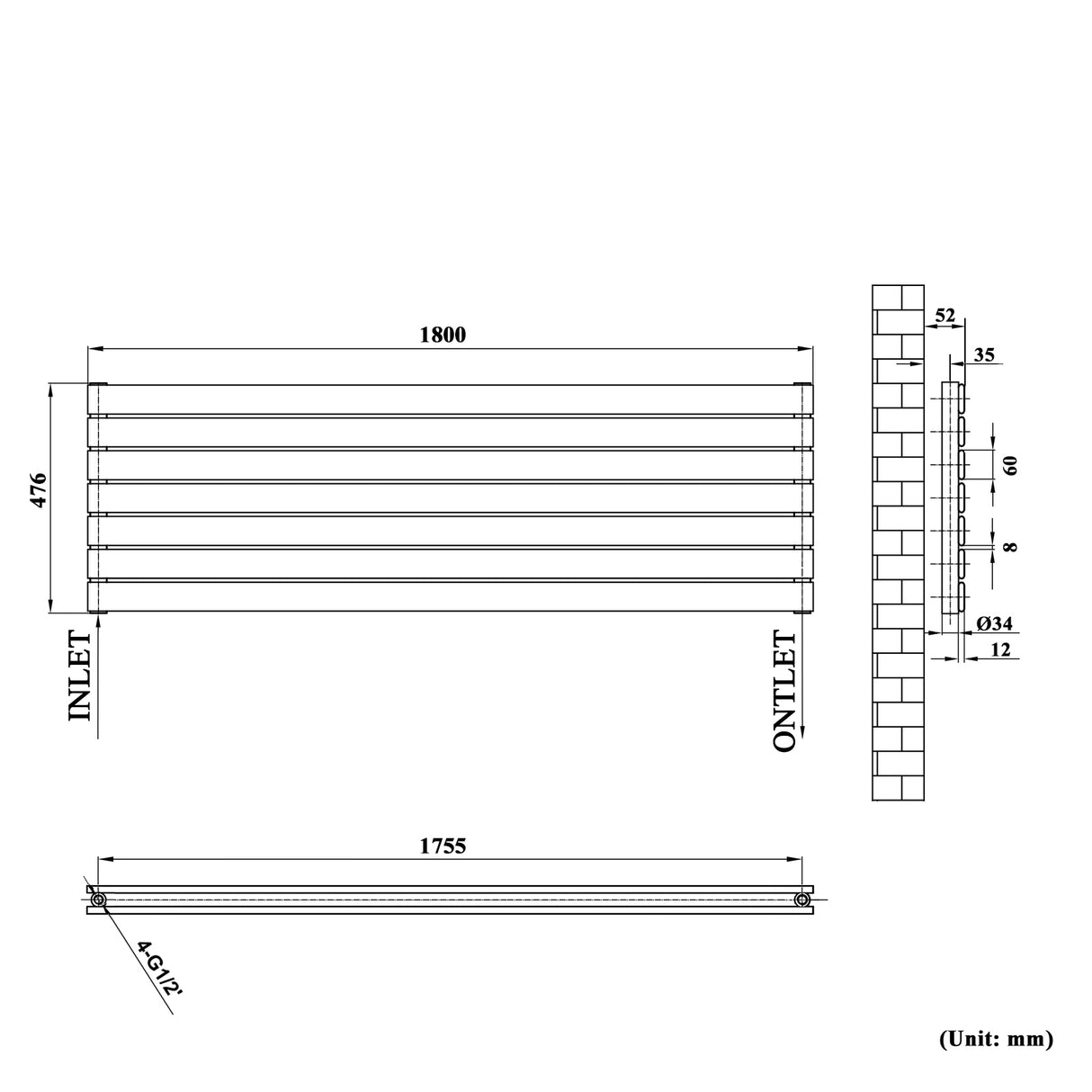 Modern Splash White Horizontal Flat Panel Radiator 476x1800mm Single