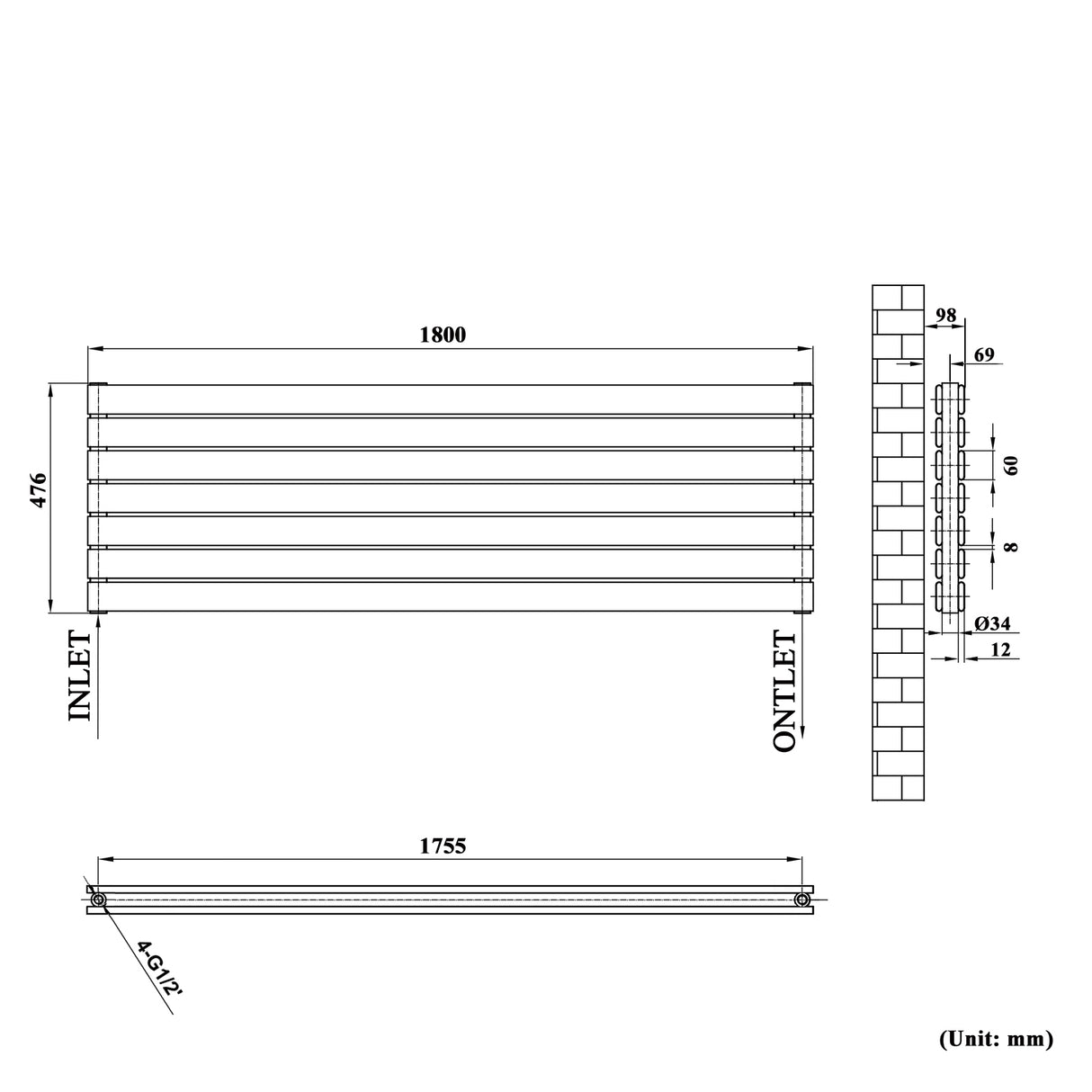 Modern Splash Horizontal White Flat Panel Radiator 476x1800mm Double